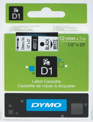 Dymo D1 Yedek Şerit 12 mmX 7 Metre Beyaz-Siyah (45013)