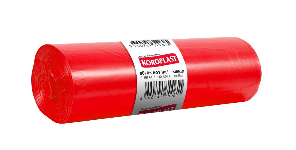 Koroplast Tıbbi Atık Büyük Boy İpli Çöp Poşeti Kırmızı 10 Adet 60x85cm kolide 10pk