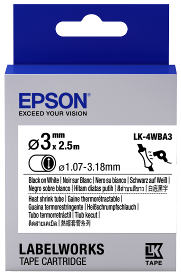 Epson LK-4WBA3 Isıyla Daralan Siyah Üzeri Beyaz 3MM 2,5Metre Etiket