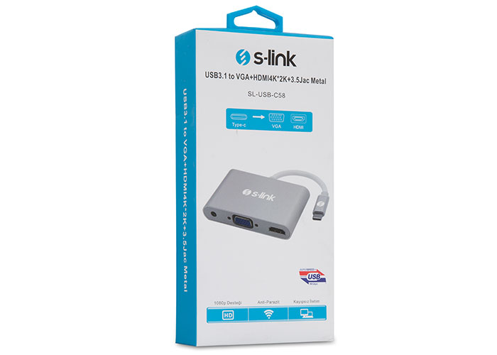 S-link SL-USB-C58 USB3.1 Metal to VGA+HDMI4K-2K+3.