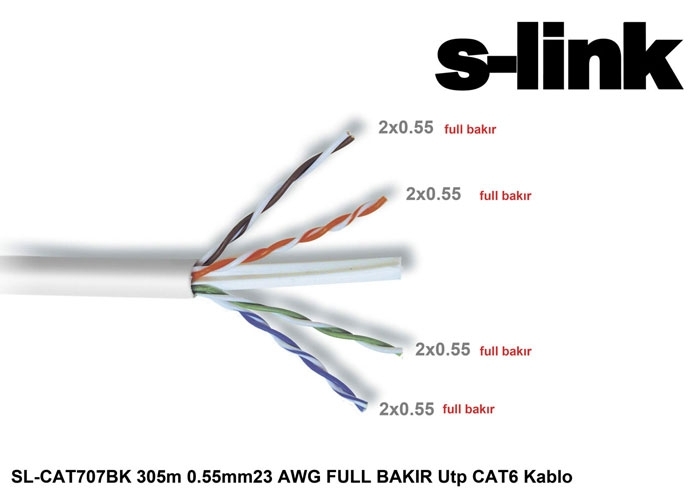 S-link SL-CAT707BK 305mt Utp 0.55mm 23awg Full Bakır Cat6 Kablo