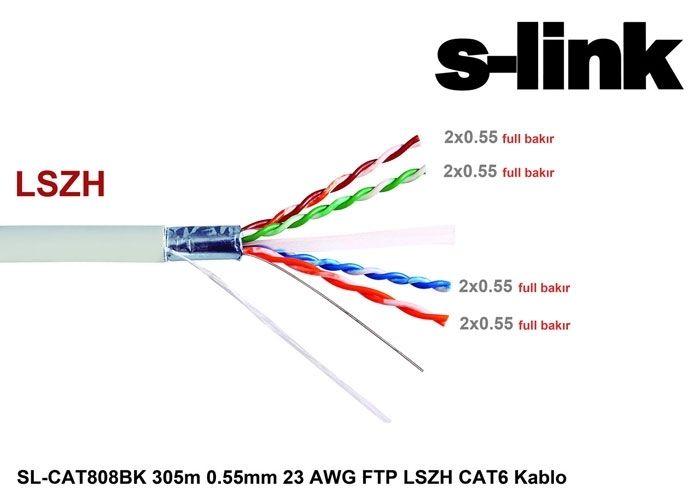 S-link SL-CAT808BK Cat6 305m 0.55m 23awg Full Bakır Ftp Lszh Cat6 Kablo