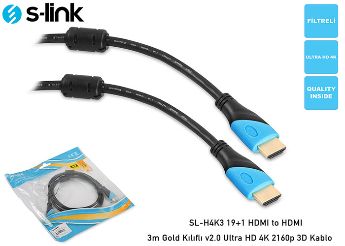 S-link SL-H4K3 19+1 HDMI to HDMI 3m Gold Kılıflı v2.0 Ultra HD 4K 2160p 3D Kablo