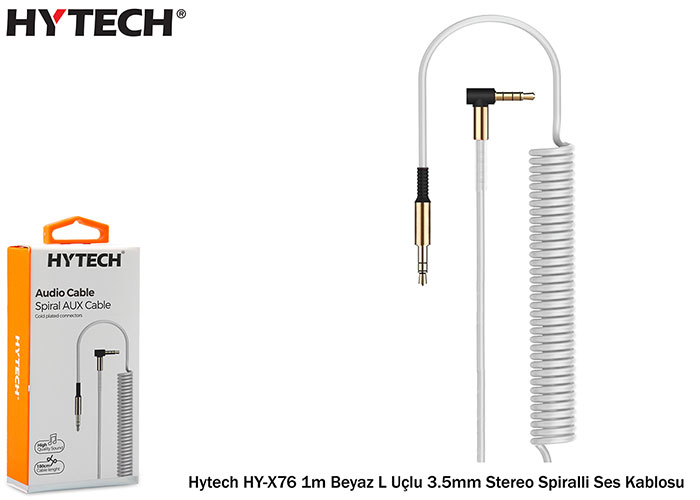 Hytech HY-X76 1m Beyaz L Uçlu 3.5mm Stereo Spiralli Ses Kablosu