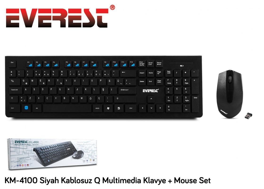 Everest KM-4100 Siyah Q Kablosuz Multimedya 106 Tuşlu Klavye Mouse Set 800 Dpı 3 Buton