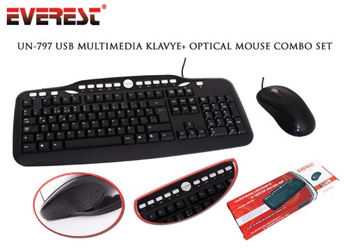 Everest UN-797 Siyah Q Usb Kablolu Multimedya 123 Tuşlu Klavye Mouse Set Optik 800 Dpı 3 Buton Mouse