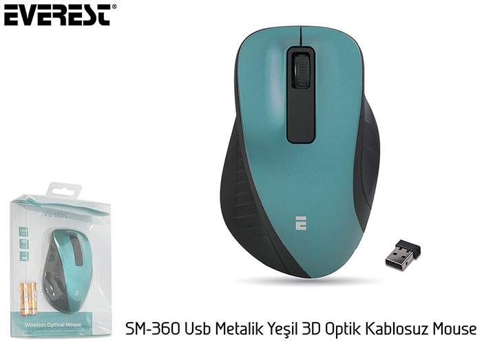 Everest SM-360 Usb Metalik Yeşil 3D Optik Kablosuz Mouse