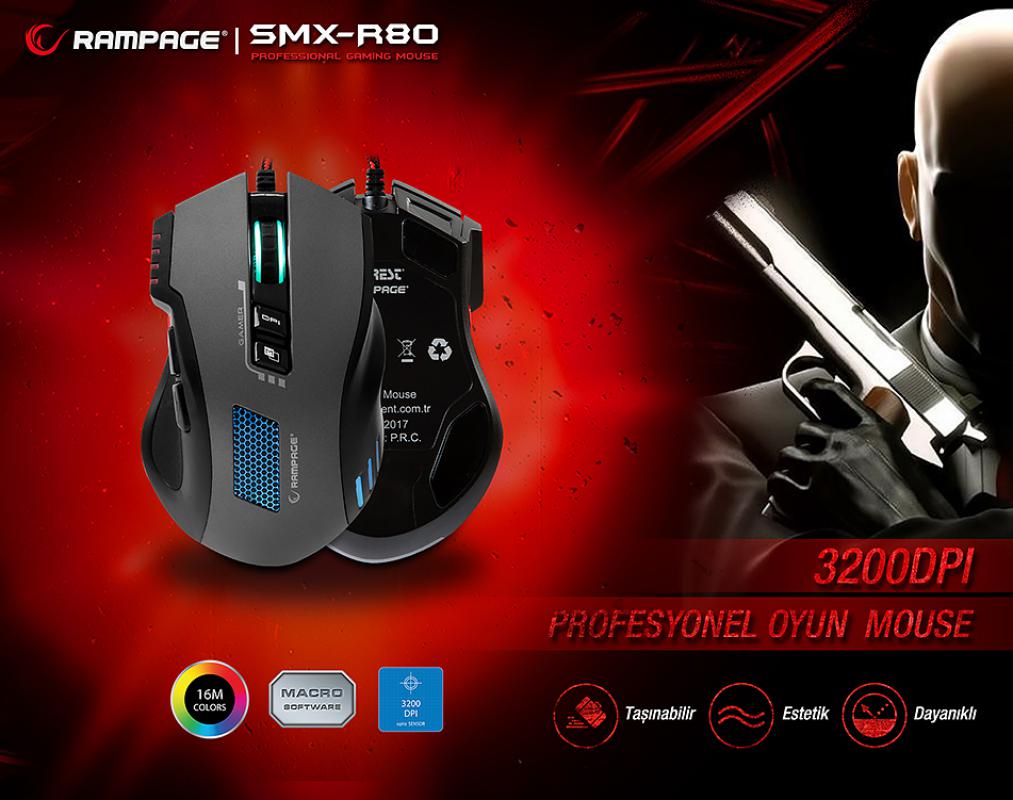 Rampage SMX-R80 Usb Gri-Siyah 3200dpi RGB Makrolu Gaming Mouse