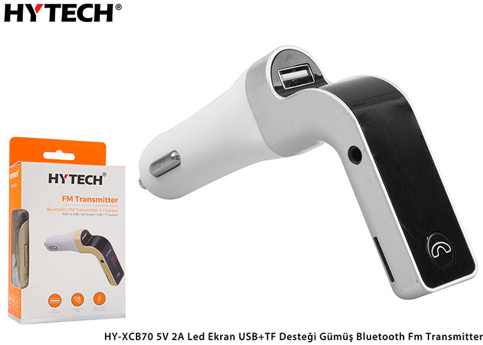 Hytech HY-XCB70 5V 2.1A Led Ekran USB+TF Desteği Gümüş Bluetooth Fm Transmitter