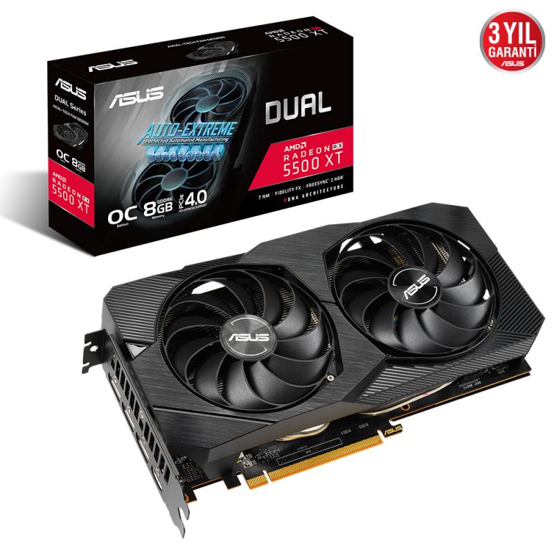 Asus Dual-RX5500XT-O8G-Evo 8Gb Gddr6 128-bit 14 Gbps Hdmi-Dp Ekran Kartı