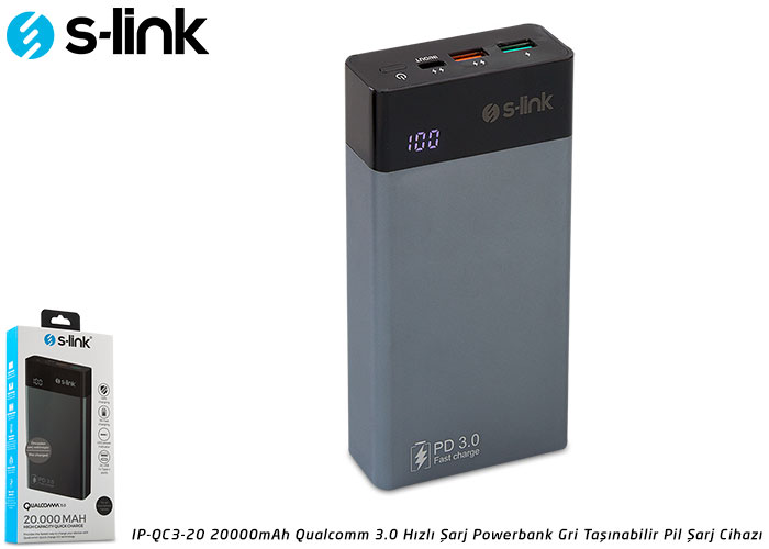 S-link IP-QC3-20 20000mah Qualcomm 3.0 Powerbank Gri Taşınabilir Pil Şarj Cihazı