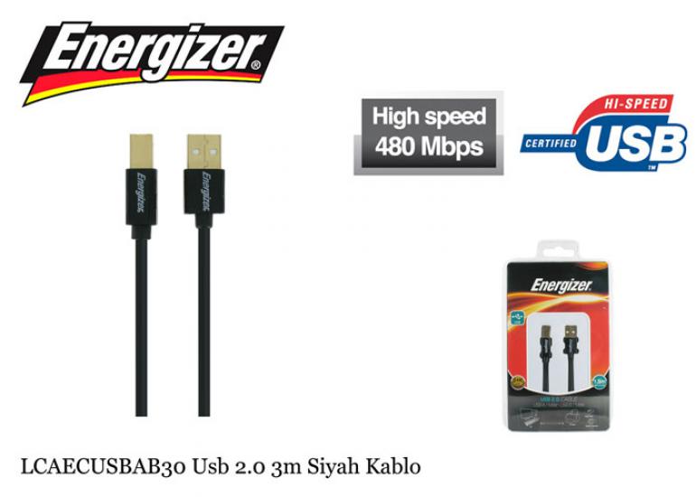 Energizer LCAECUSBAB30 Usb 2.0 3m Siyah Kablo