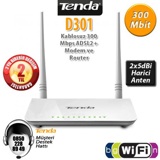 Tenda D301v2 300 Mbps 4 Port ADSL2+ Kablosuz Modem 2 Anten