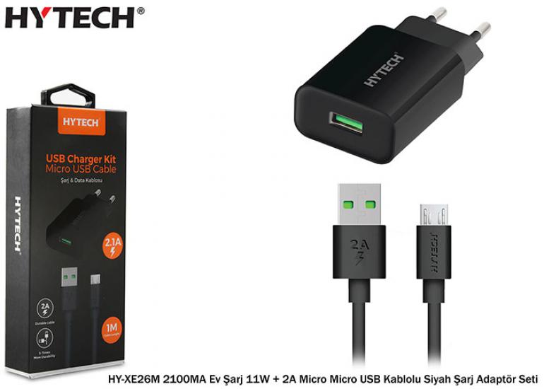 Hytech HY-XE26M Siyah 2100MA Ev Şarj 11W + 2A Micro Micro USB Kablolu Beyaz Şarj Adaptör Seti