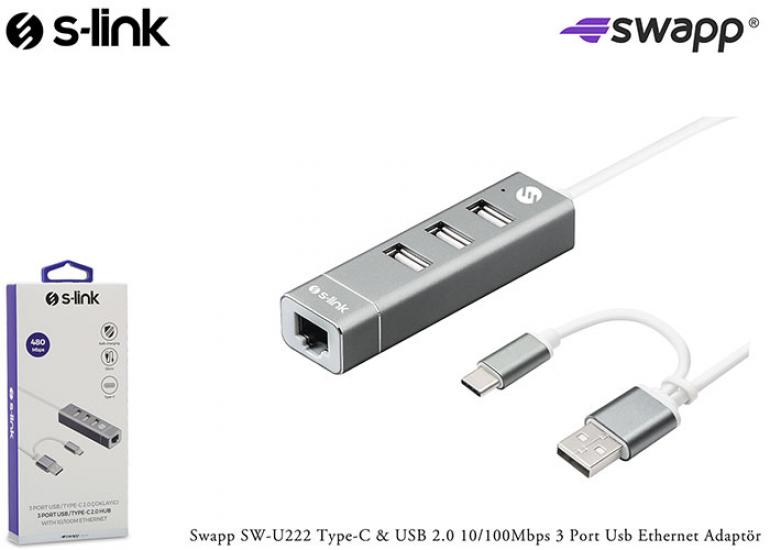 S-link Swapp SW-U222 Type-c Usb 2.0 10-100mbps 3 Port Usb Ethernet Adaptör