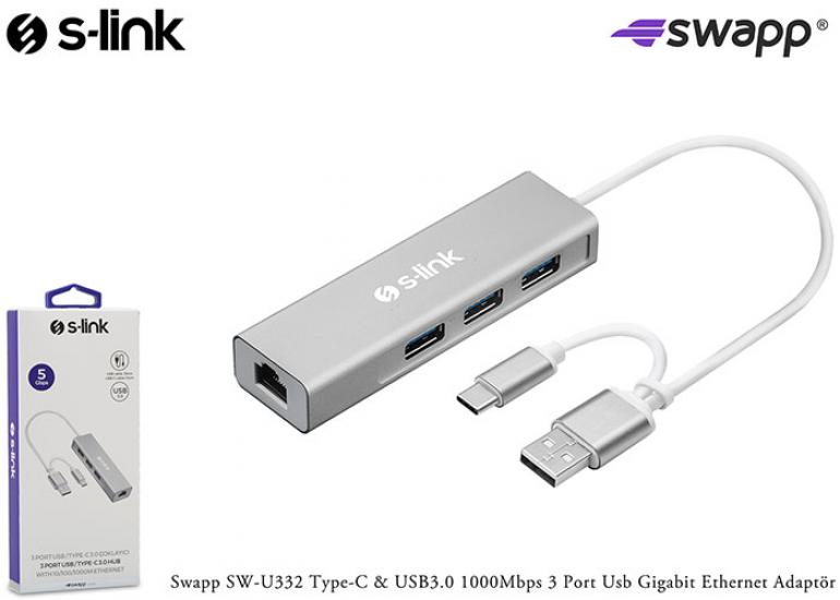 S-link Swapp SW-U332 Type-c usb 3.0 1000mbps 3 Port Usb Gigabit Ethernet Adaptör