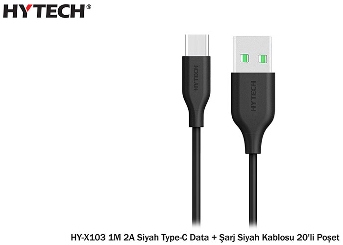 Hytech HY-X103 1m 2a siyah type-c data şarj siyah kablolu 20li poşet