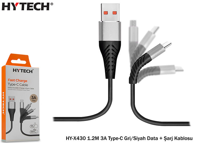 Hytech HY-X430 1.2M 3A Type-C Gri-Siyah Data + Şar