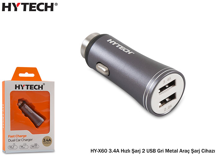 Hytech HY-X60 3.4A Hızlı Şarj 2 USB Gri Metal Kablo