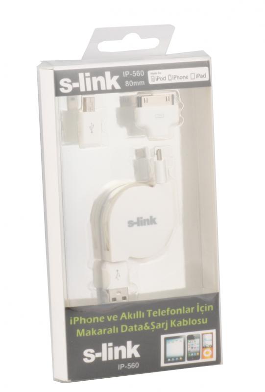 S-link IP-560 iphone-ipod-ipad Data Şarj + Mikro 5 pin Makaralı Şarj Kablosu