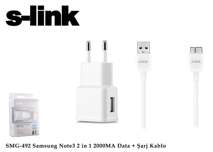 S-link SMG-492 2000mah Note 3 Şarj Kablo Priz Data Şarj Kablosu